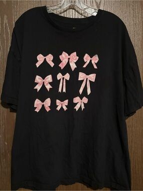 Black Short Sleeve Tee with Pink Bow Print